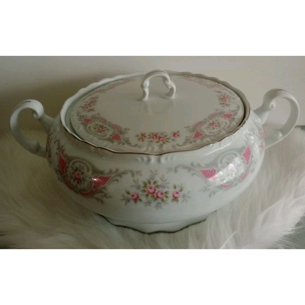 Vintage Style House Fine China Pompadour Large Covered Handel Serving Bowl VGUC